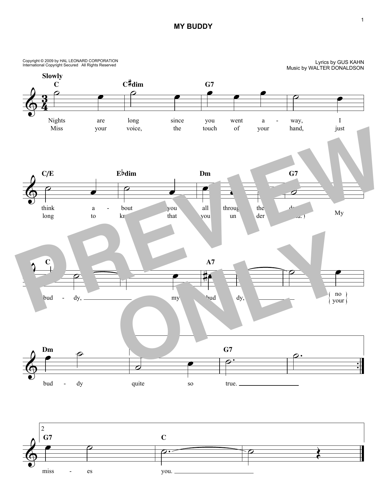 Walter Donaldson My Buddy Sheet Music Notes & Chords for Melody Line, Lyrics & Chords - Download or Print PDF
