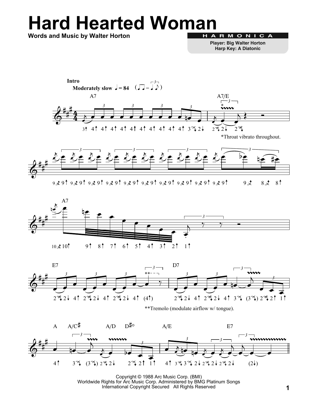 Walter Horton Hard Hearted Woman Sheet Music Notes & Chords for Harmonica - Download or Print PDF