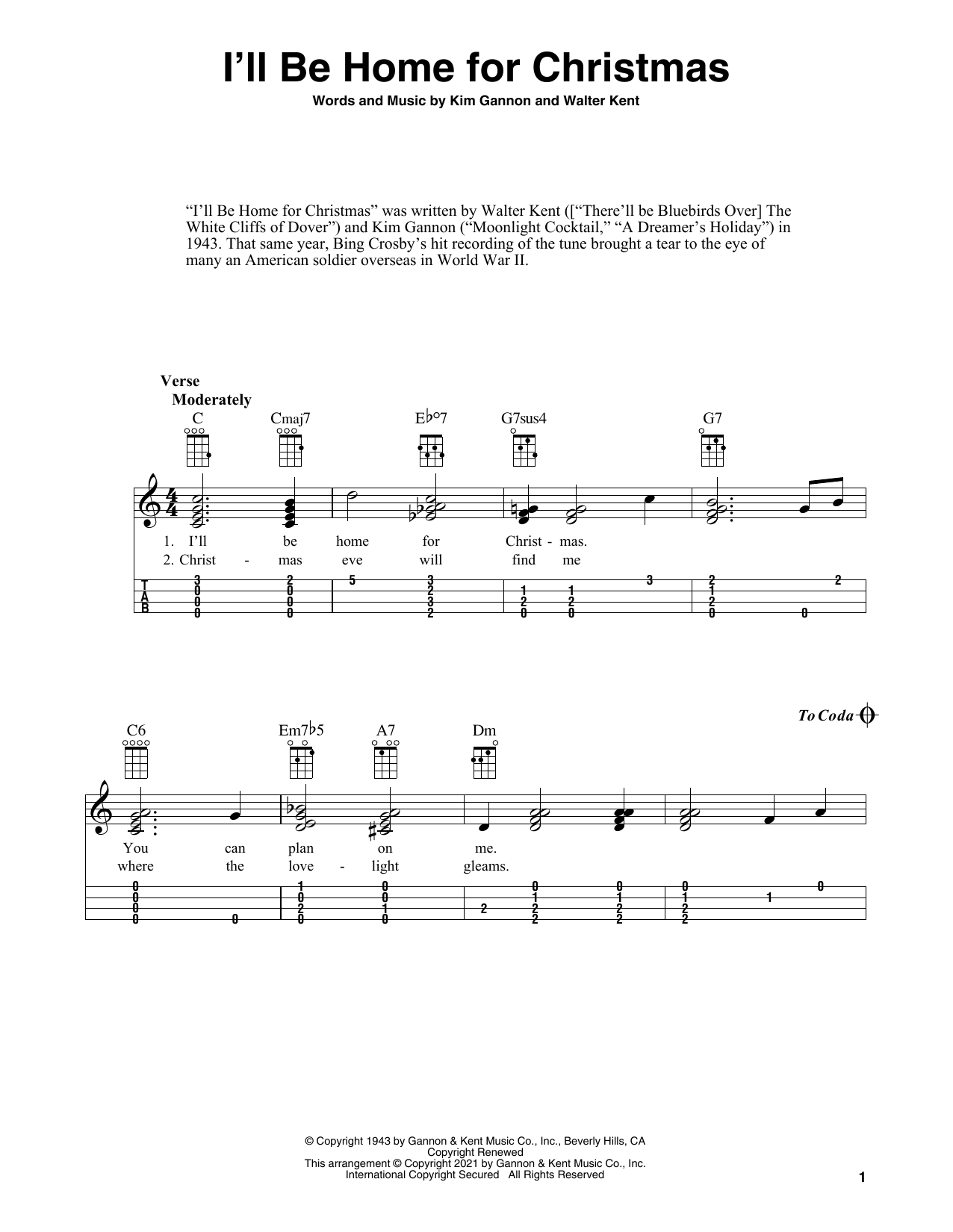 Walter Kent I'll Be Home For Christmas (arr. Fred Sokolow) Sheet Music Notes & Chords for Ukulele - Download or Print PDF