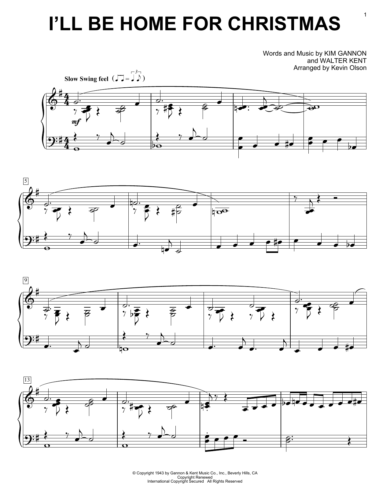 Walter Kent I'll Be Home For Christmas (arr. Kevin Olson) Sheet Music Notes & Chords for Easy Piano Solo - Download or Print PDF