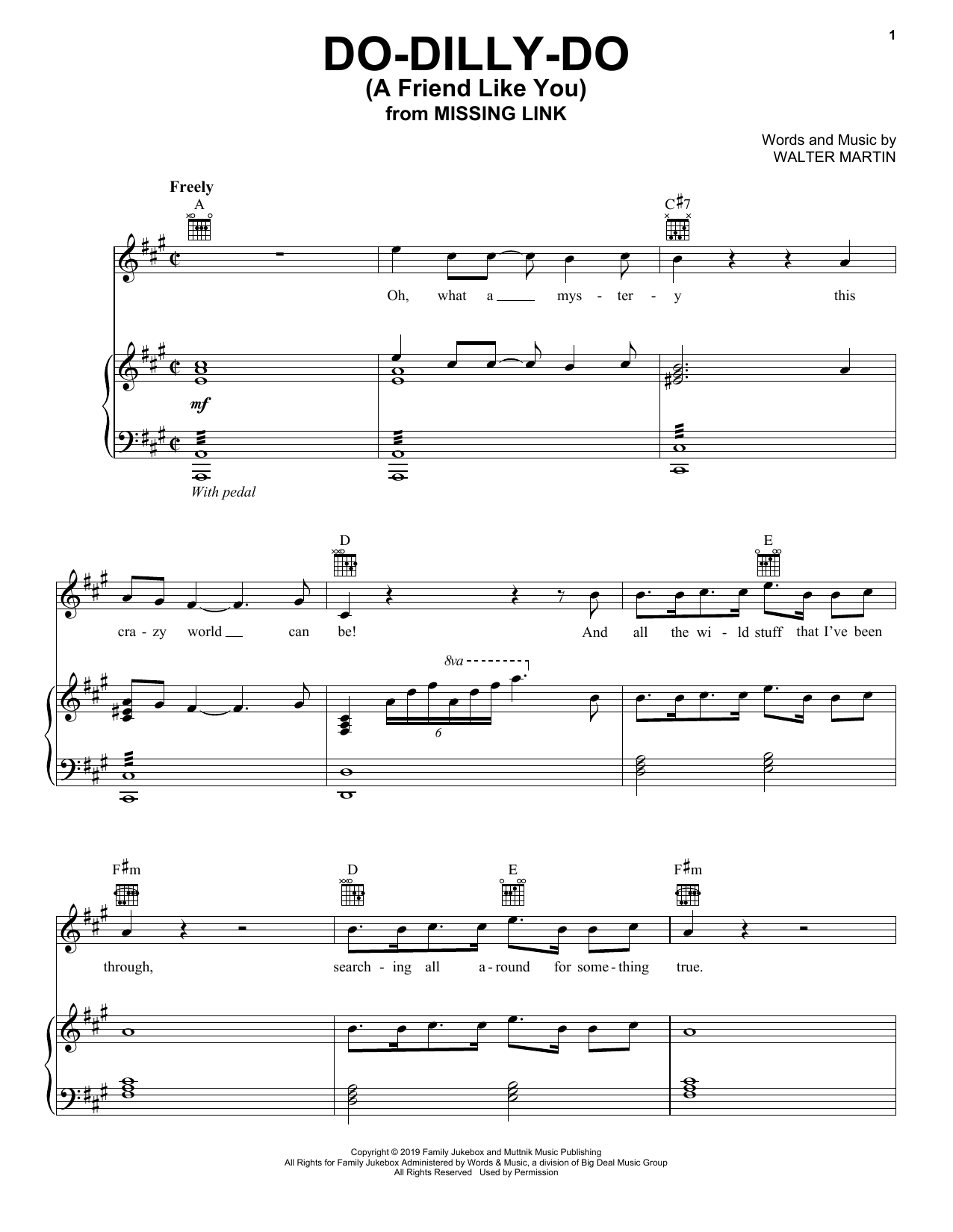 Walter Martin Do-Dilly-Do (A Friend Like You) (from Missing Link) Sheet Music Notes & Chords for Piano, Vocal & Guitar (Right-Hand Melody) - Download or Print PDF
