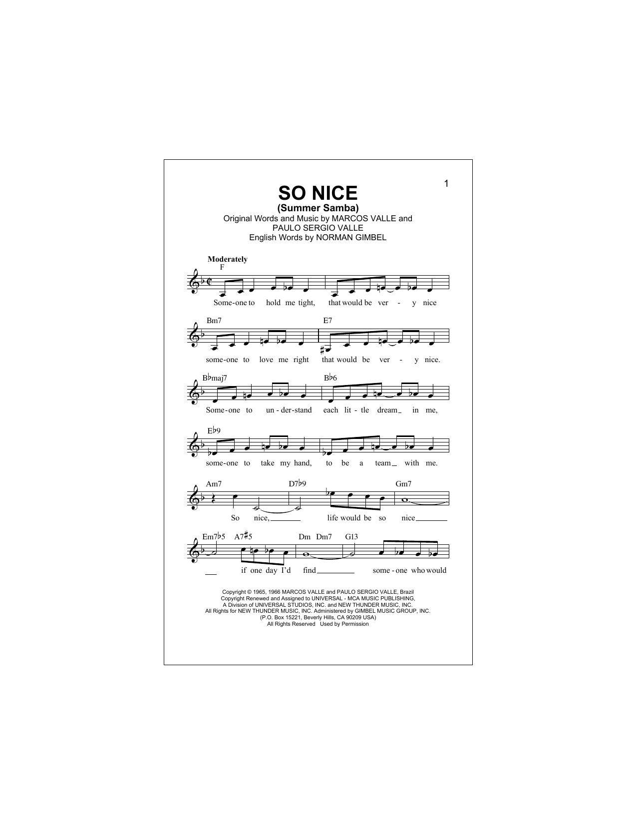 Walter Wanderley So Nice (Summer Samba) Sheet Music Notes & Chords for Melody Line, Lyrics & Chords - Download or Print PDF