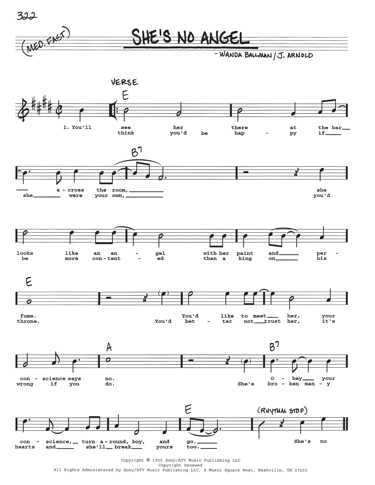 Wanda Ballman She's No Angel Sheet Music Notes & Chords for Real Book – Melody, Lyrics & Chords - Download or Print PDF
