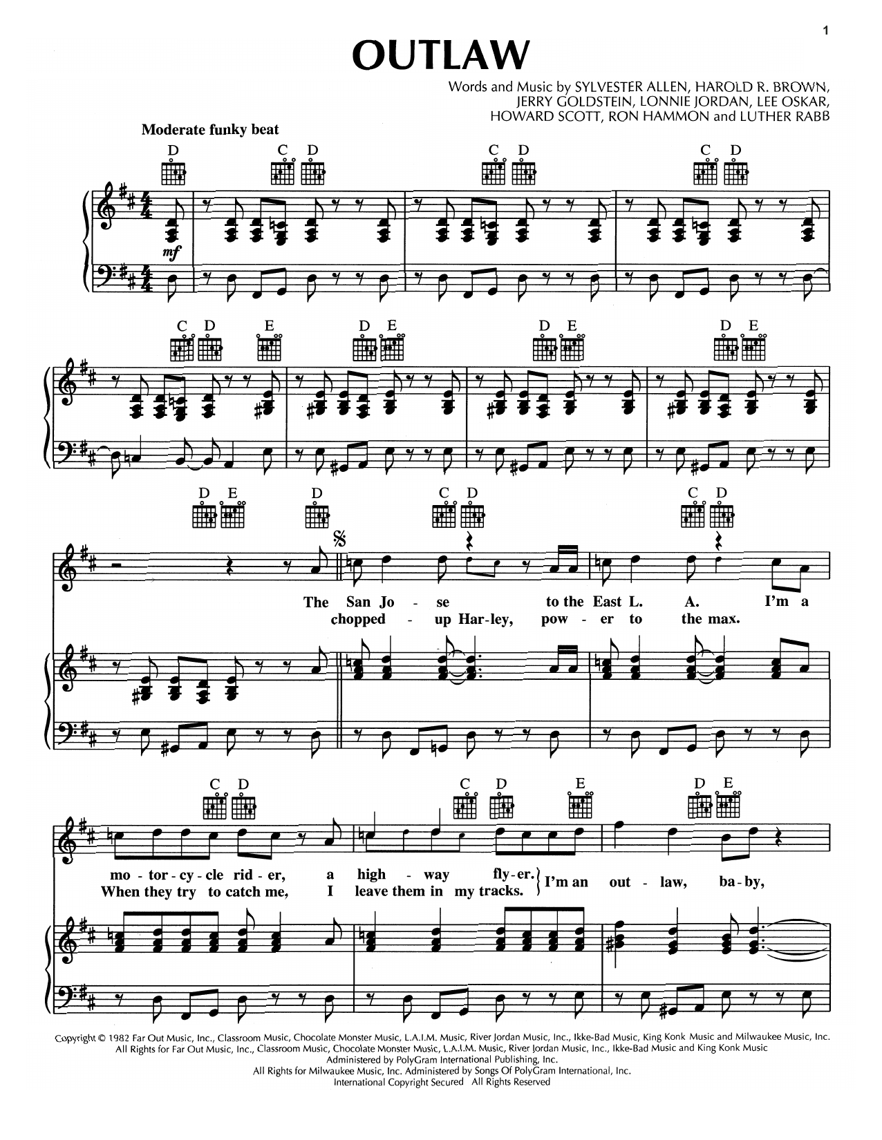 War Outlaw Sheet Music Notes & Chords for Piano, Vocal & Guitar (Right-Hand Melody) - Download or Print PDF