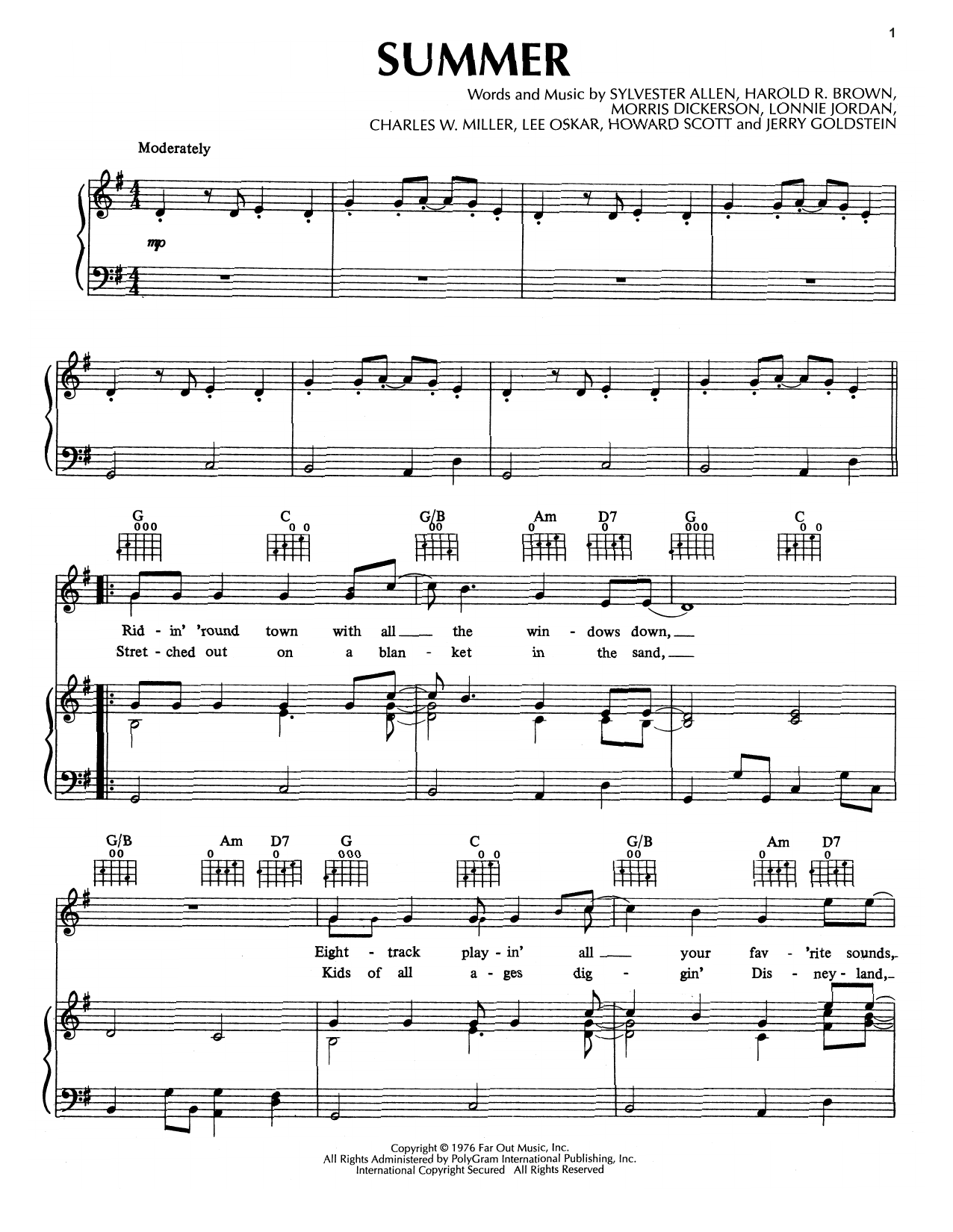 War Summer Sheet Music Notes & Chords for Piano, Vocal & Guitar (Right-Hand Melody) - Download or Print PDF