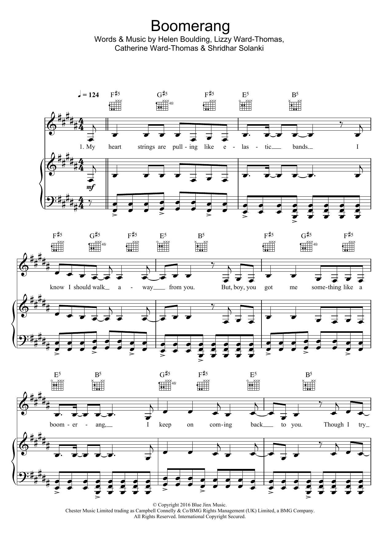 Ward Thomas Boomerang Sheet Music Notes & Chords for Piano, Vocal & Guitar (Right-Hand Melody) - Download or Print PDF