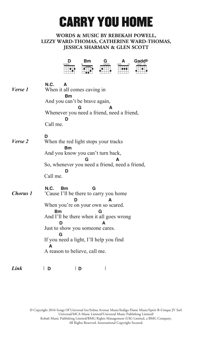 Ward Thomas Carry You Home Sheet Music Notes & Chords for Lyrics & Chords - Download or Print PDF