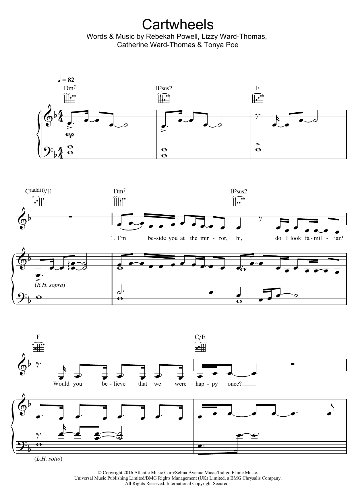 Ward Thomas Cartwheels Sheet Music Notes & Chords for Piano, Vocal & Guitar (Right-Hand Melody) - Download or Print PDF