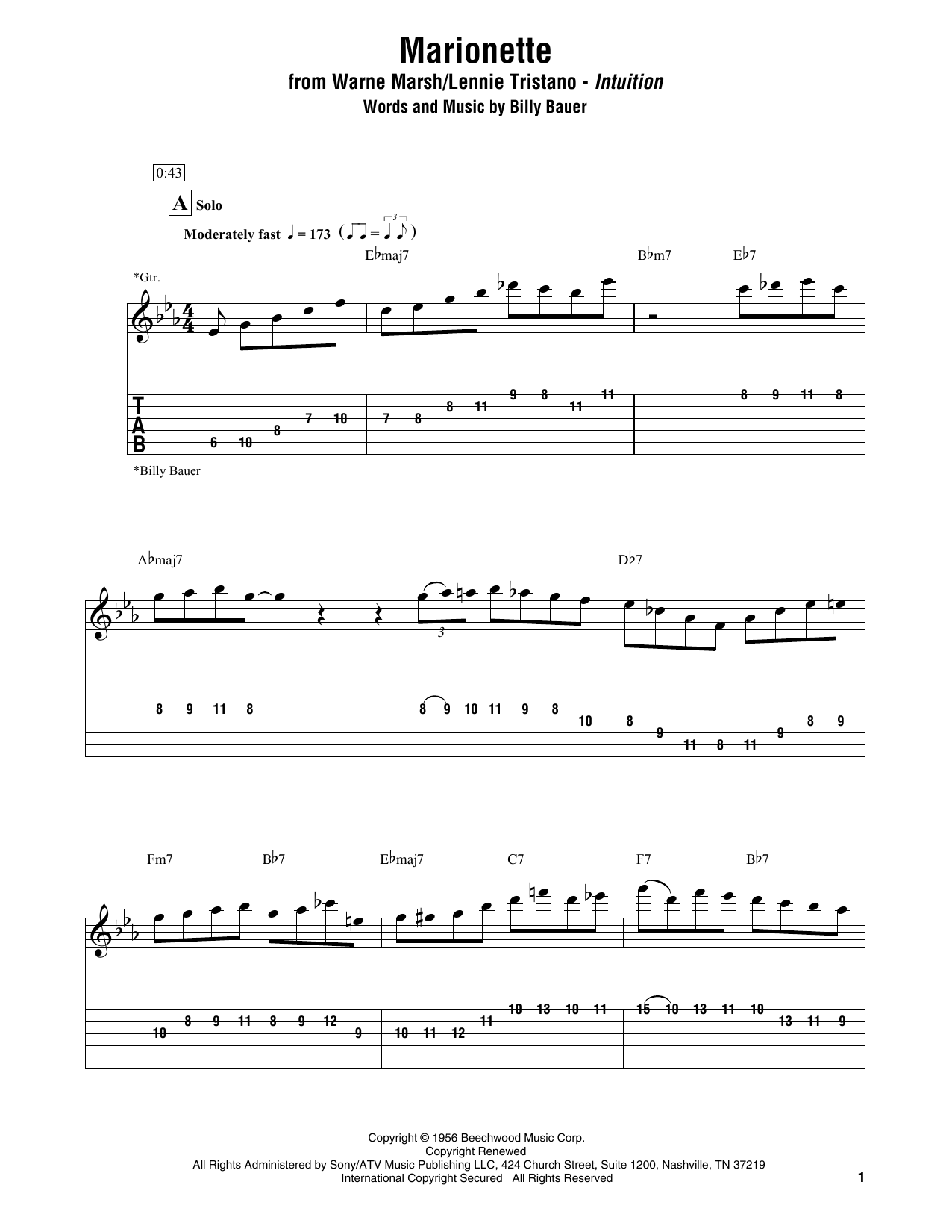 Warne Marsh & Lennie Tristano Marionette Sheet Music Notes & Chords for Electric Guitar Transcription - Download or Print PDF