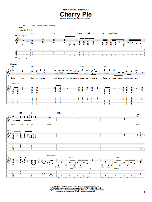 Warrant Cherry Pie Sheet Music Notes & Chords for Easy Guitar Tab - Download or Print PDF