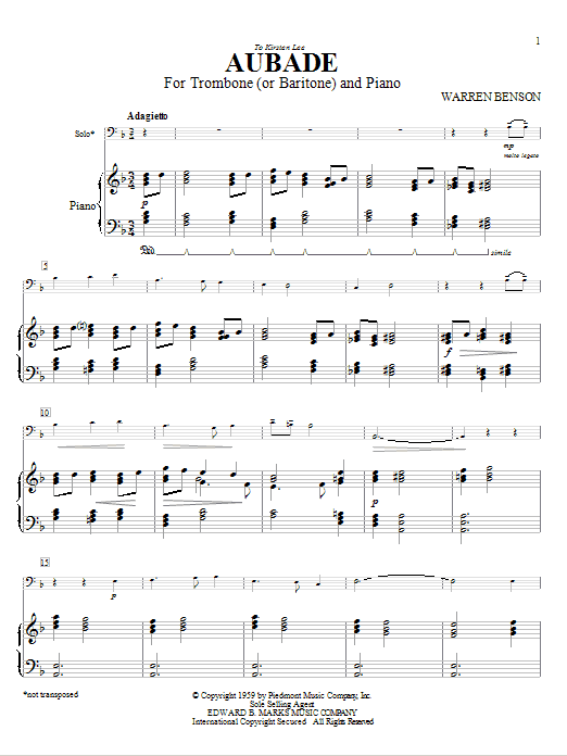 Warren Benson Aubade For Trombone (or Baritone) And Piano Sheet Music Notes & Chords for Trombone - Download or Print PDF