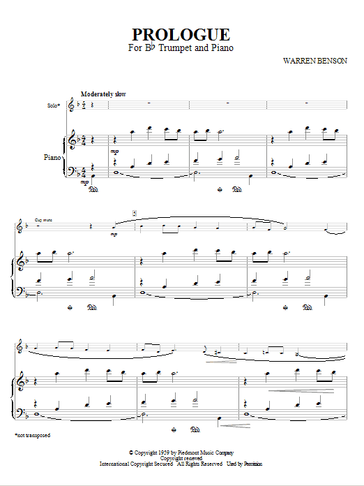 Warren Benson Prologue For Bb Trumpet And Piano Sheet Music Notes & Chords for Trumpet - Download or Print PDF