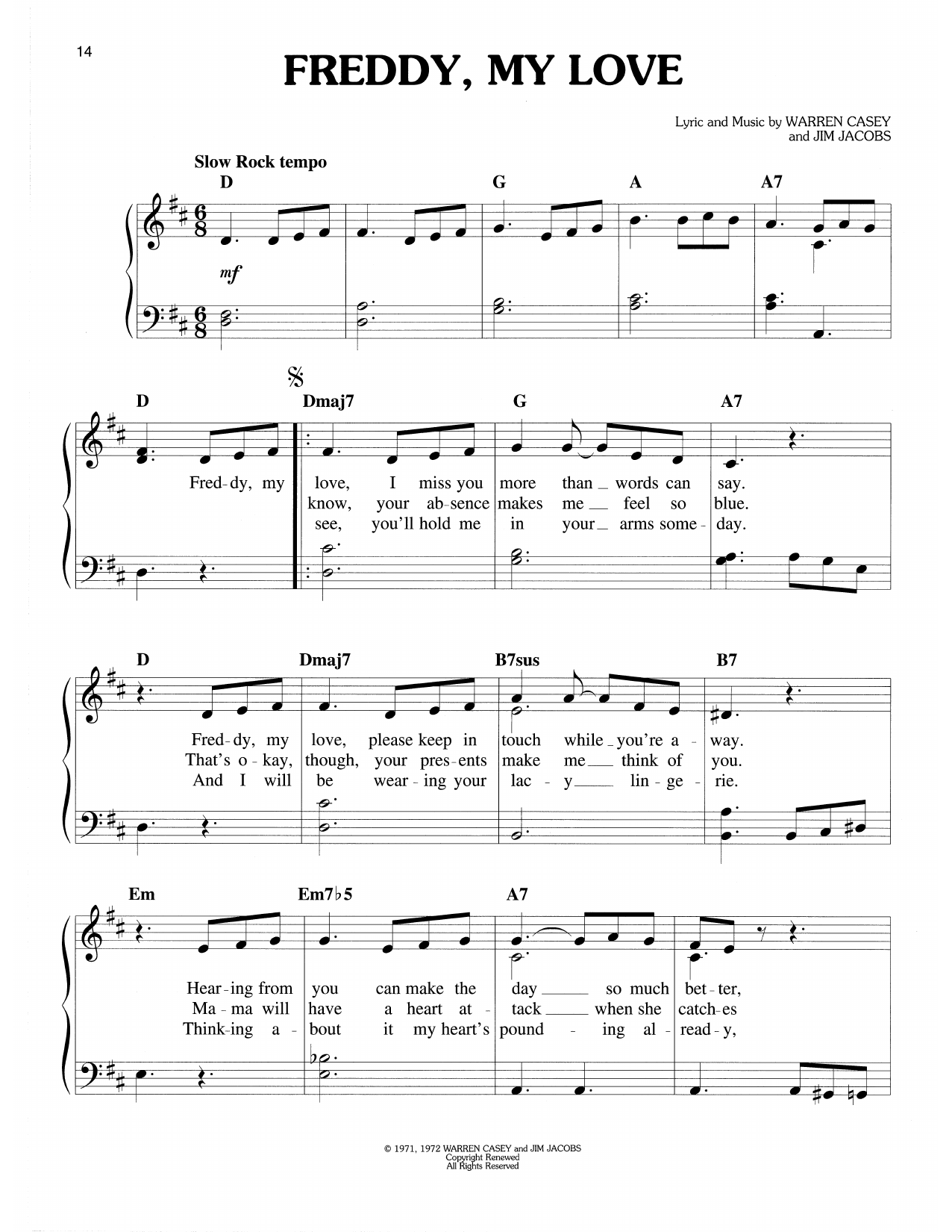 Warren Casey & Jim Jacobs Freddy, My Love (from Grease) Sheet Music Notes & Chords for Easy Piano - Download or Print PDF