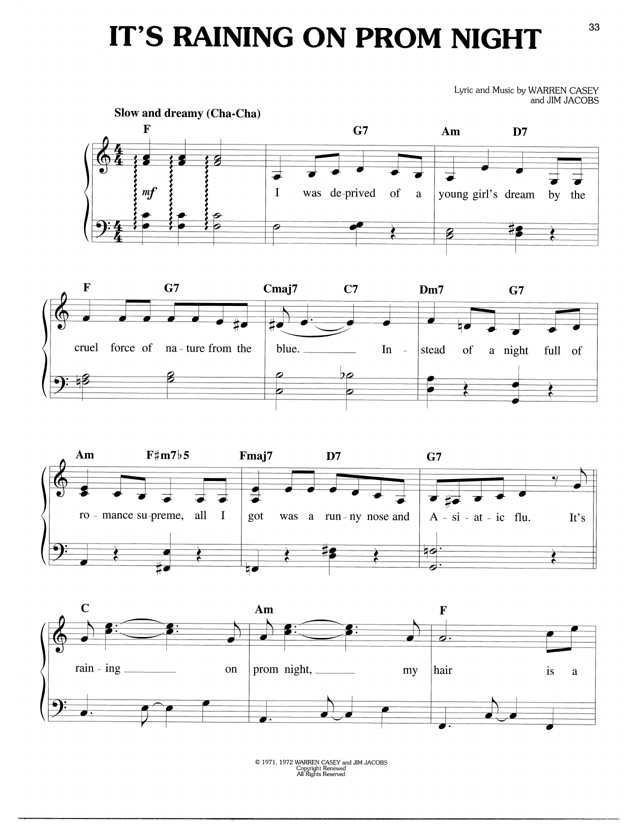 Warren Casey & Jim Jacobs It's Raining On Prom Night (from Grease) Sheet Music Notes & Chords for Easy Piano - Download or Print PDF