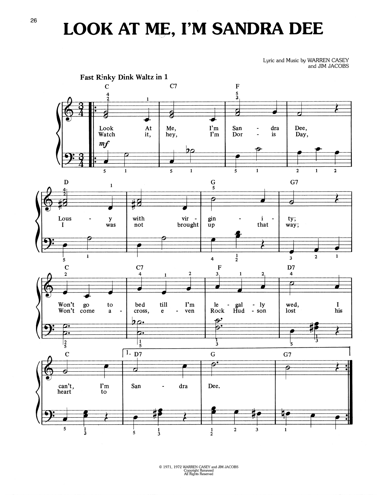 Warren Casey & Jim Jacobs Look At Me, I'm Sandra Dee (from Grease) Sheet Music Notes & Chords for Easy Piano - Download or Print PDF