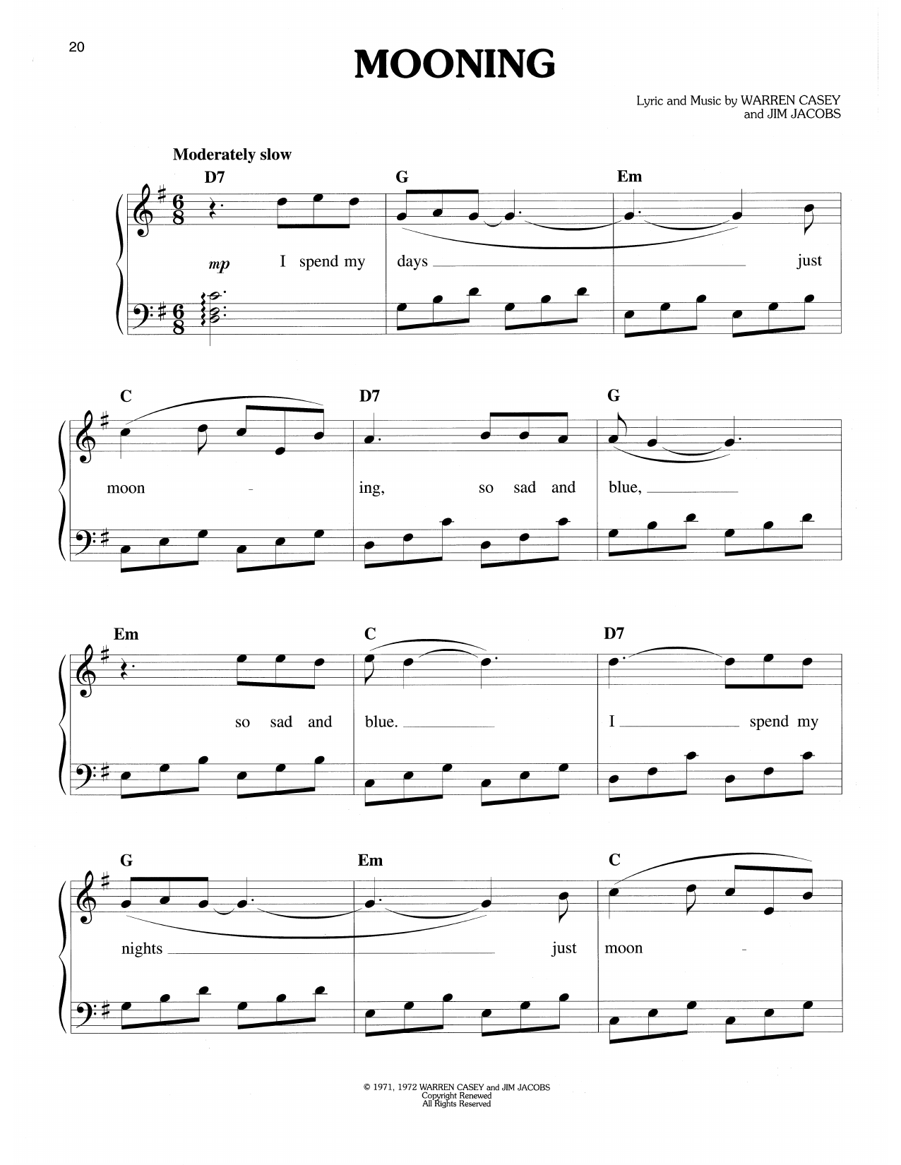 Warren Casey & Jim Jacobs Mooning (from Grease) Sheet Music Notes & Chords for Easy Piano - Download or Print PDF