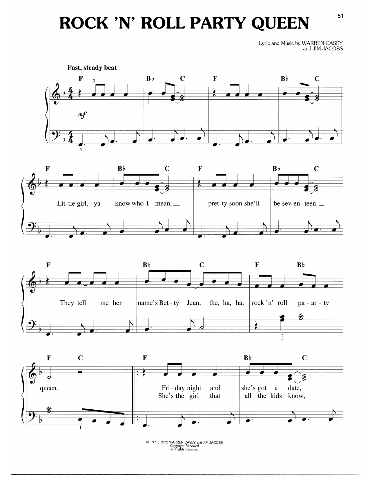Warren Casey & Jim Jacobs Rock 'N' Roll Party Queen (from Grease) Sheet Music Notes & Chords for Easy Piano - Download or Print PDF