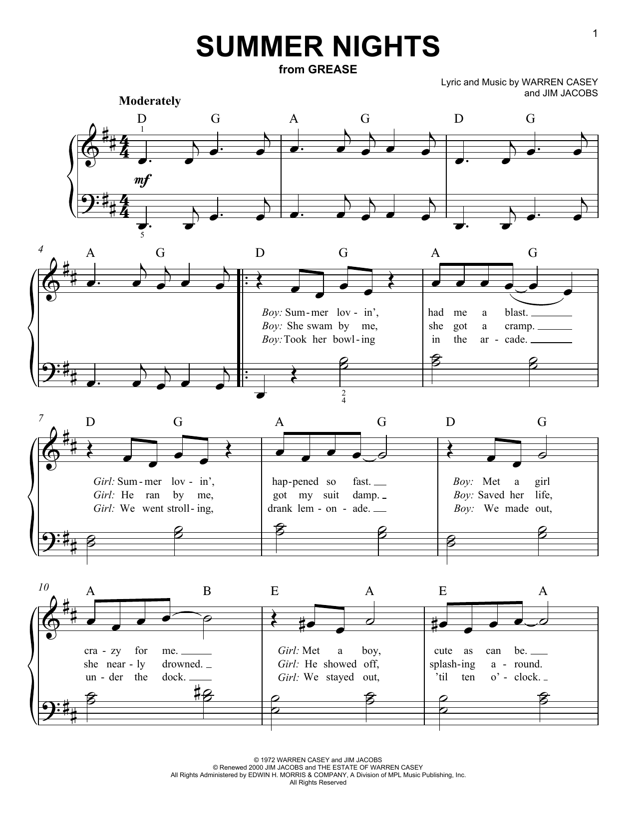 Warren Casey & Jim Jacobs Summer Nights (from Grease) Sheet Music Notes & Chords for Easy Piano - Download or Print PDF