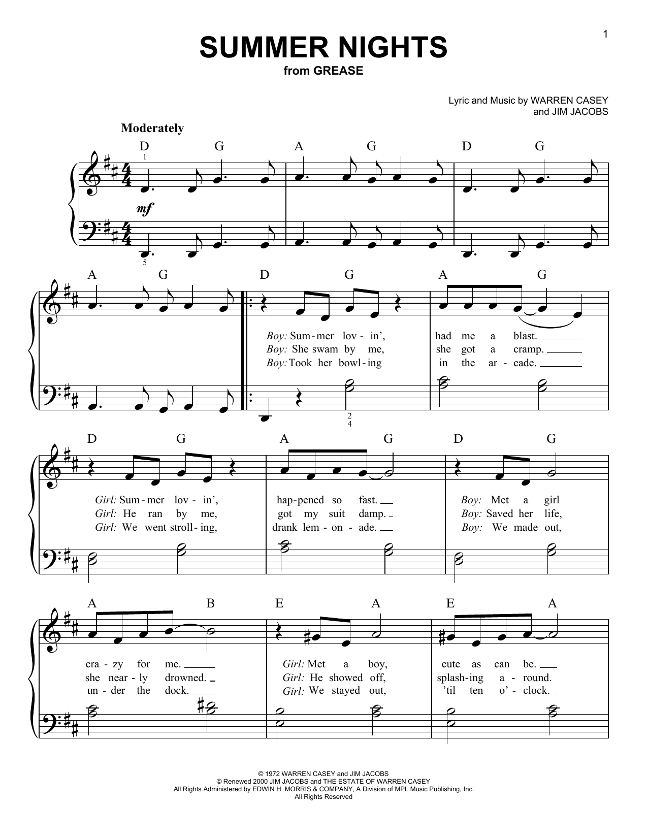 Warren Casey & Jim Jacobs Summer Nights (from Grease) Sheet Music Notes & Chords for Easy Piano - Download or Print PDF