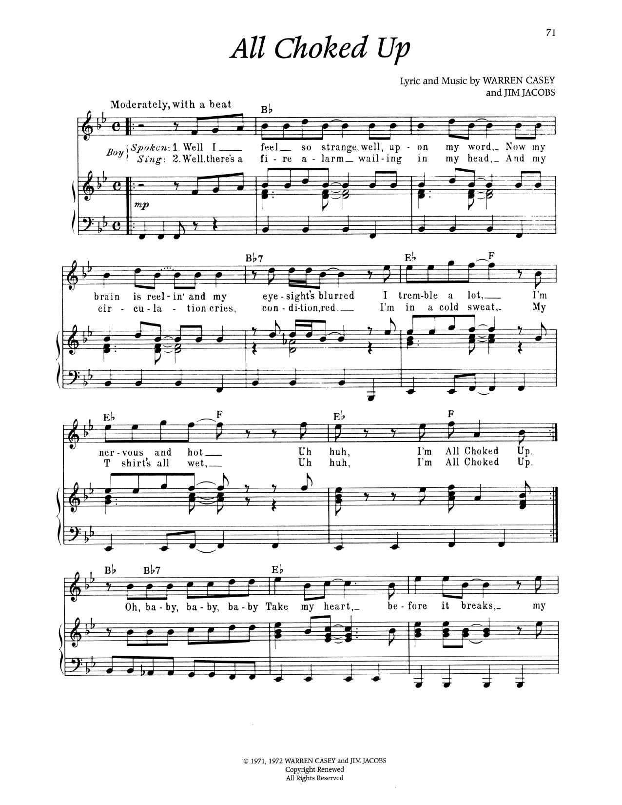Warren Casey All Choked Up (from Grease) Sheet Music Notes & Chords for Piano & Vocal - Download or Print PDF