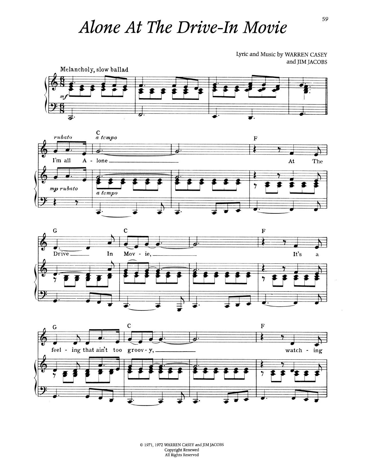 Warren Casey Alone At The Drive-In Movie (from Grease) Sheet Music Notes & Chords for Piano & Vocal - Download or Print PDF