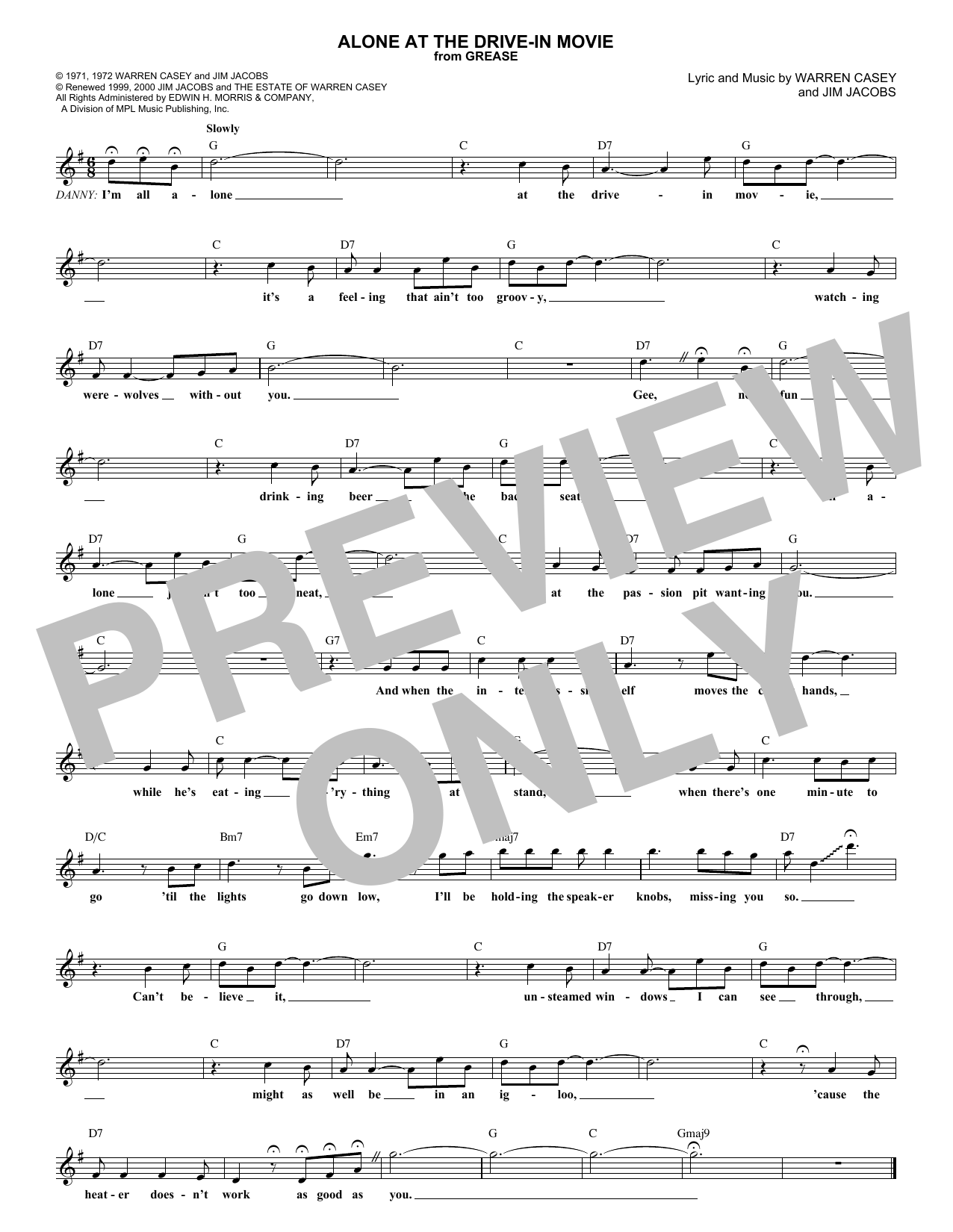 Warren Casey Alone At The Drive-In Movie Sheet Music Notes & Chords for Voice - Download or Print PDF