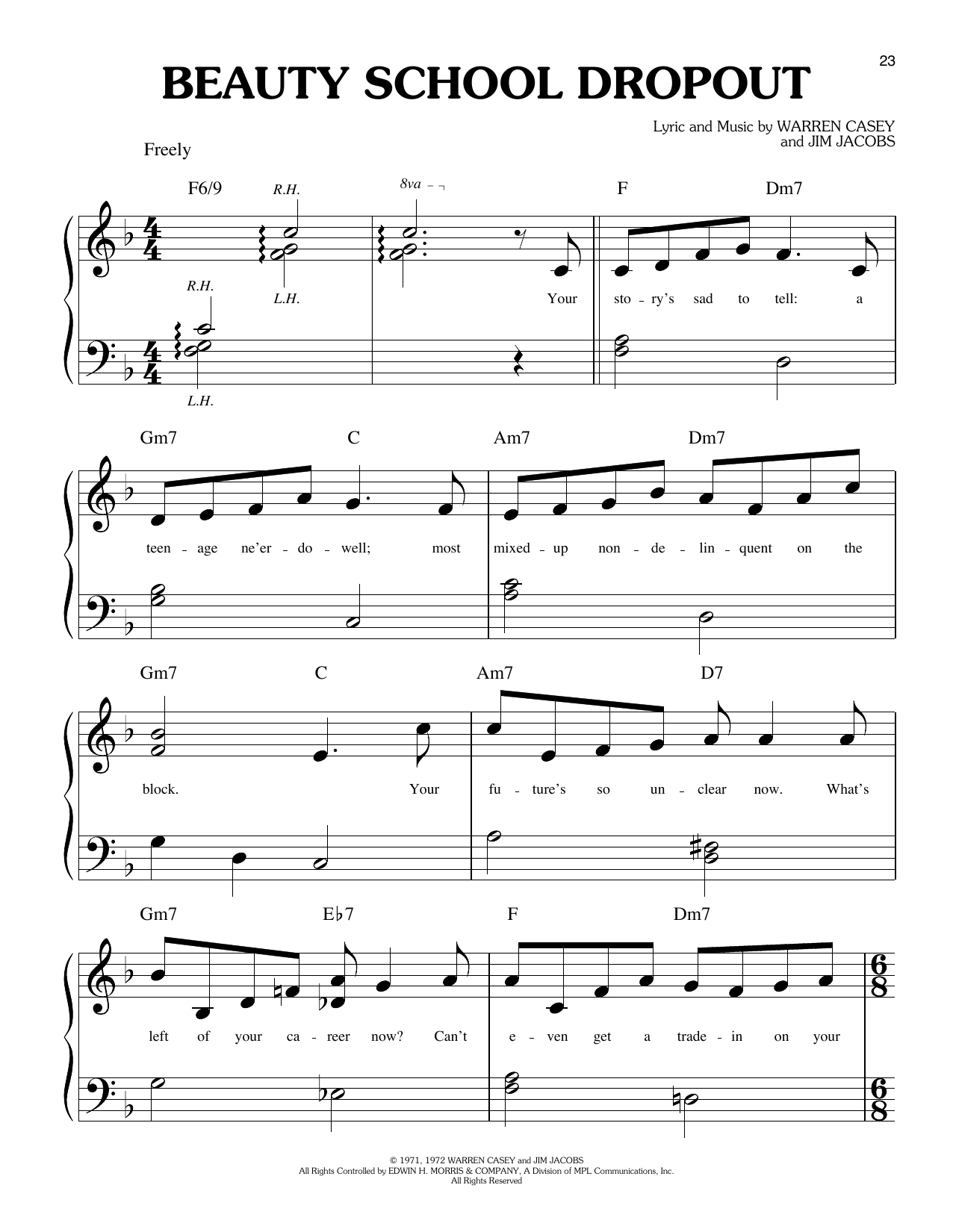 Warren Casey and Jim Jacobs Beauty School Dropout (from Grease) Sheet Music Notes & Chords for Big Note Piano - Download or Print PDF