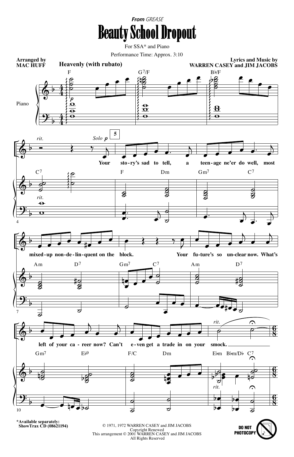 Warren Casey Beauty School Dropout (from Grease) (arr. Mac Huff) Sheet Music Notes & Chords for SSA Choir - Download or Print PDF