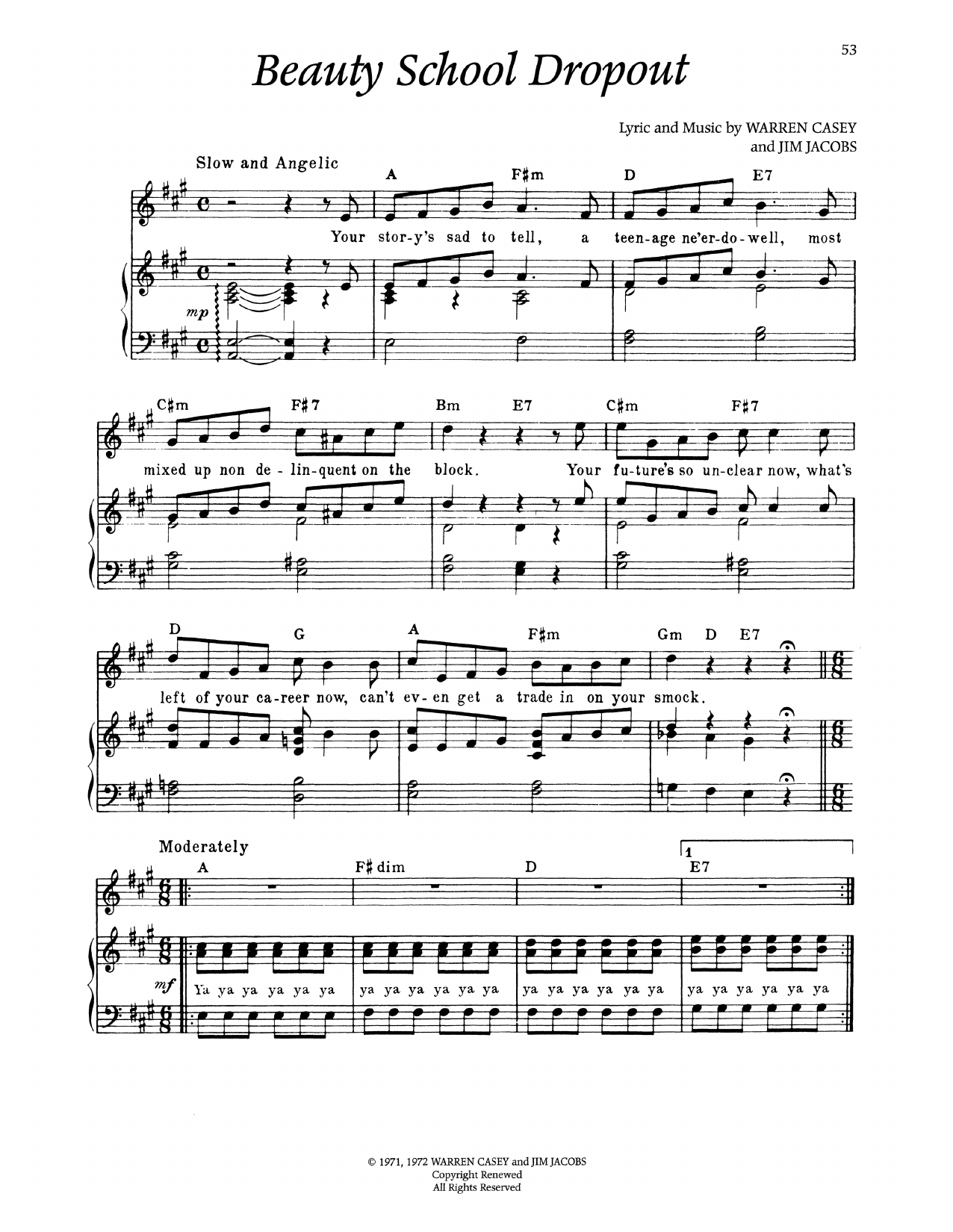 Warren Casey Beauty School Dropout (from Grease) Sheet Music Notes & Chords for Piano & Vocal - Download or Print PDF