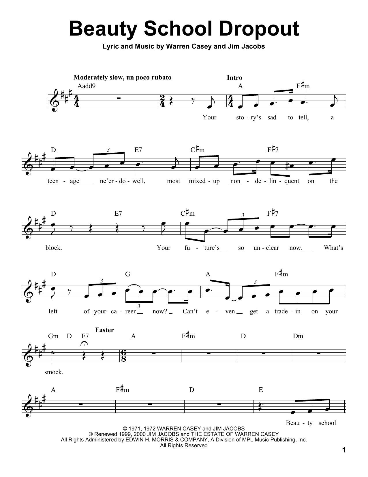 Warren Casey Beauty School Dropout Sheet Music Notes & Chords for Voice - Download or Print PDF