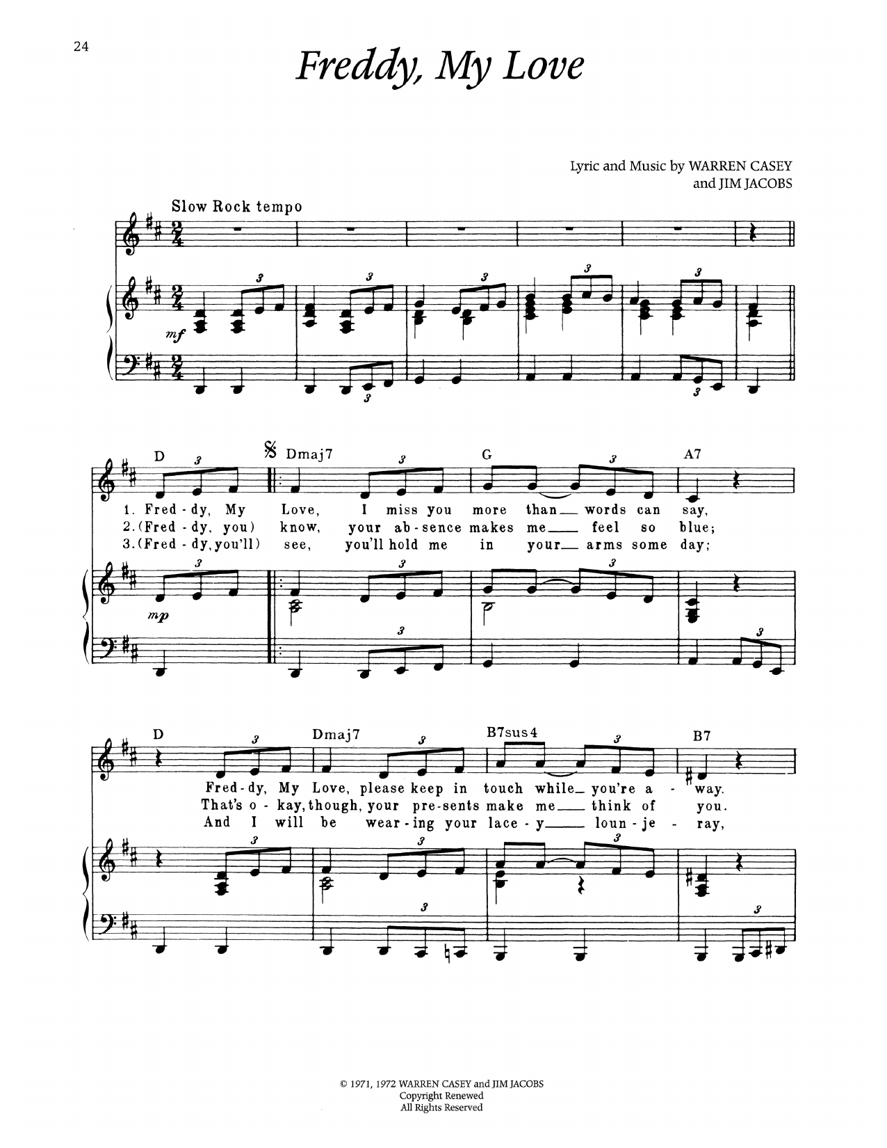 Warren Casey Freddy, My Love (from Grease) Sheet Music Notes & Chords for Piano & Vocal - Download or Print PDF