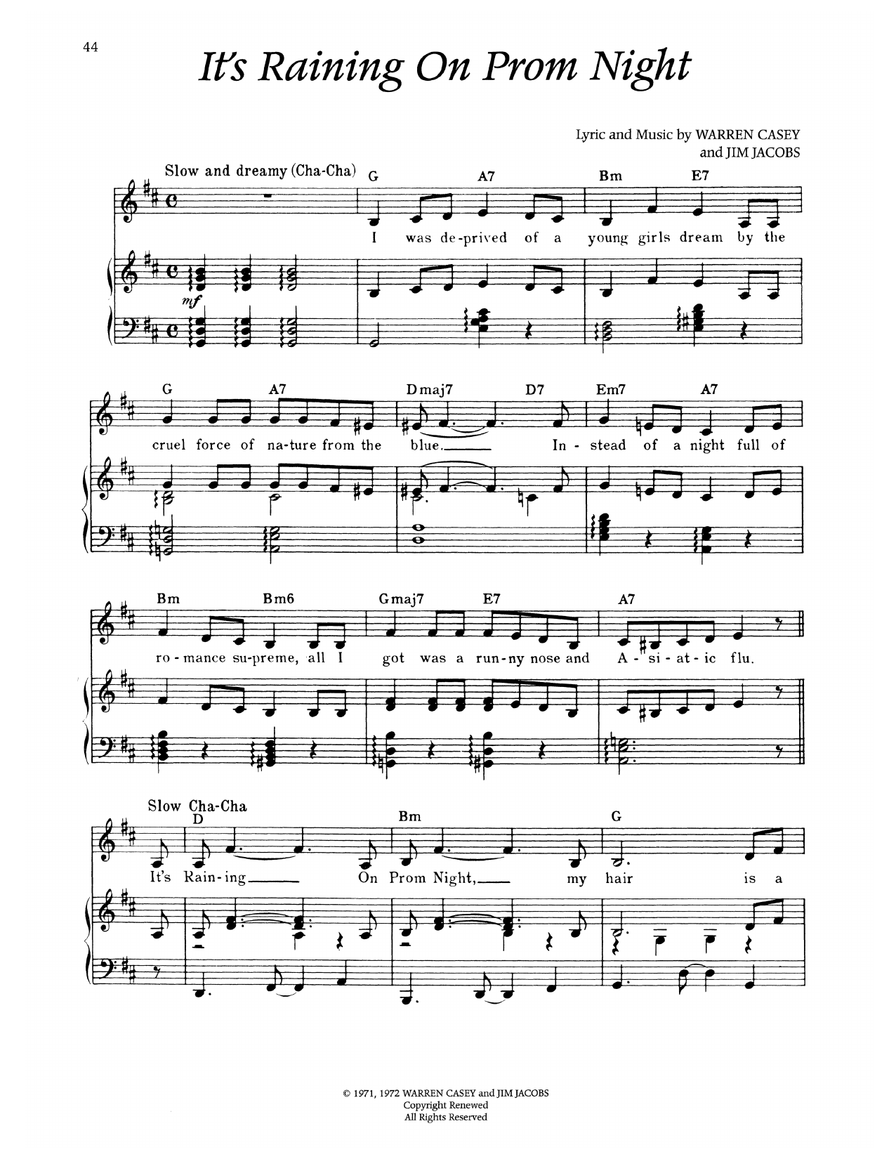 Warren Casey It's Raining On Prom Night (from Grease) Sheet Music Notes & Chords for Piano & Vocal - Download or Print PDF
