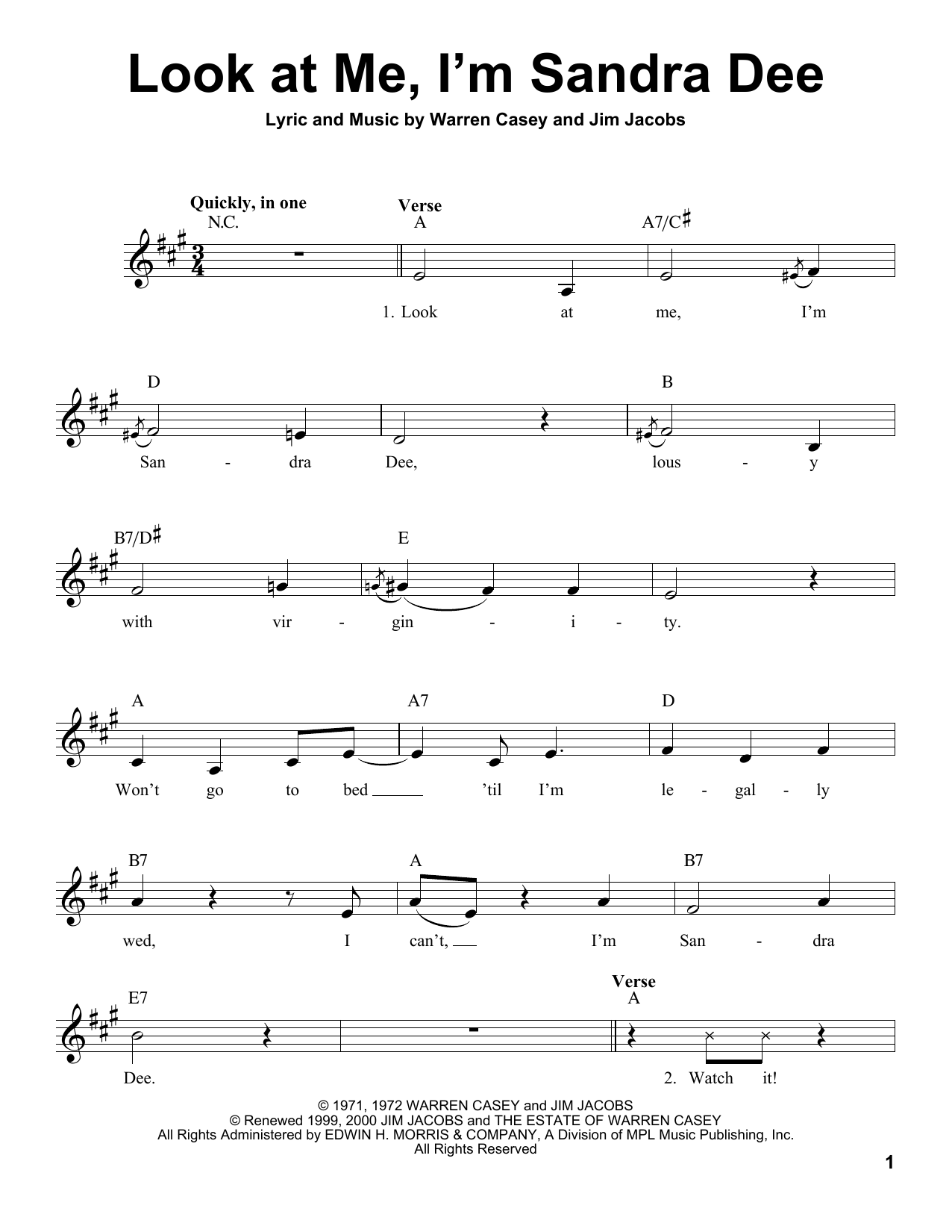 Warren Casey Look At Me, I'm Sandra Dee Sheet Music Notes & Chords for Voice - Download or Print PDF