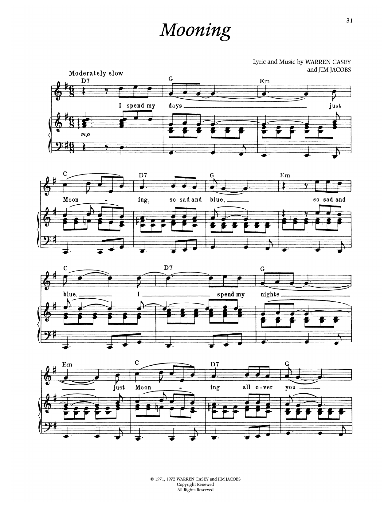 Warren Casey Mooning (from Grease) Sheet Music Notes & Chords for Piano & Vocal - Download or Print PDF
