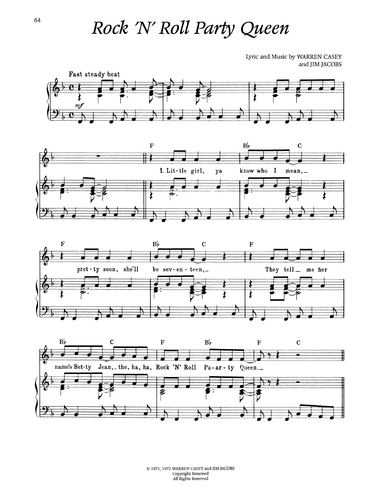 Warren Casey Rock 'N' Roll Party Queen (from Grease) Sheet Music Notes & Chords for Piano & Vocal - Download or Print PDF
