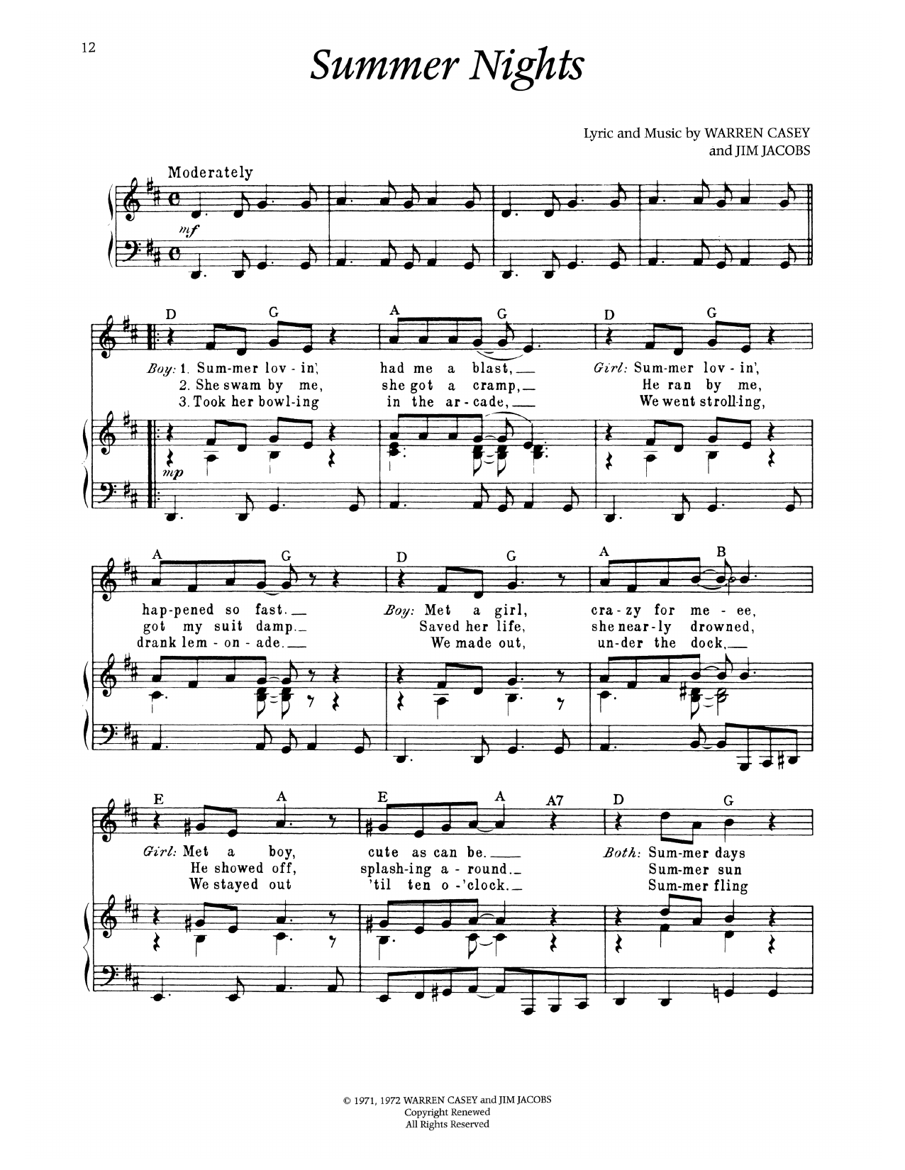 Warren Casey Summer Nights (from Grease) Sheet Music Notes & Chords for Piano & Vocal - Download or Print PDF