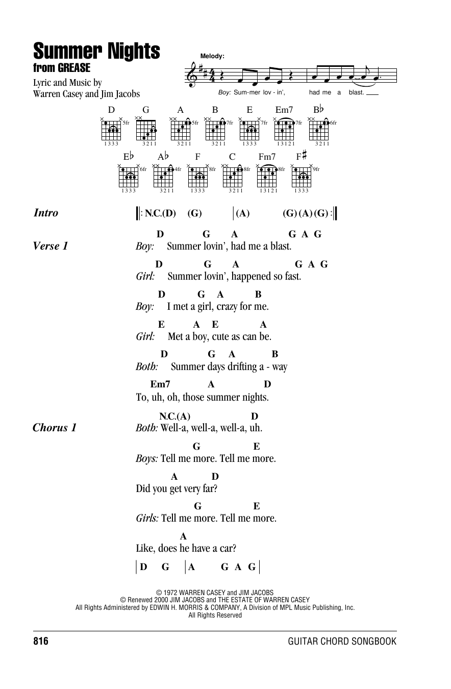 Warren Casey Summer Nights Sheet Music Notes & Chords for Real Book – Melody, Lyrics & Chords - Download or Print PDF