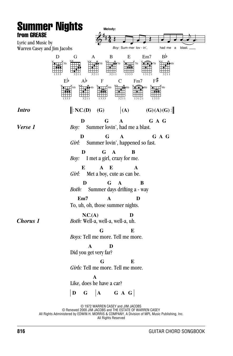 Warren Casey Summer Nights Sheet Music Notes & Chords for Lyrics & Chords - Download or Print PDF