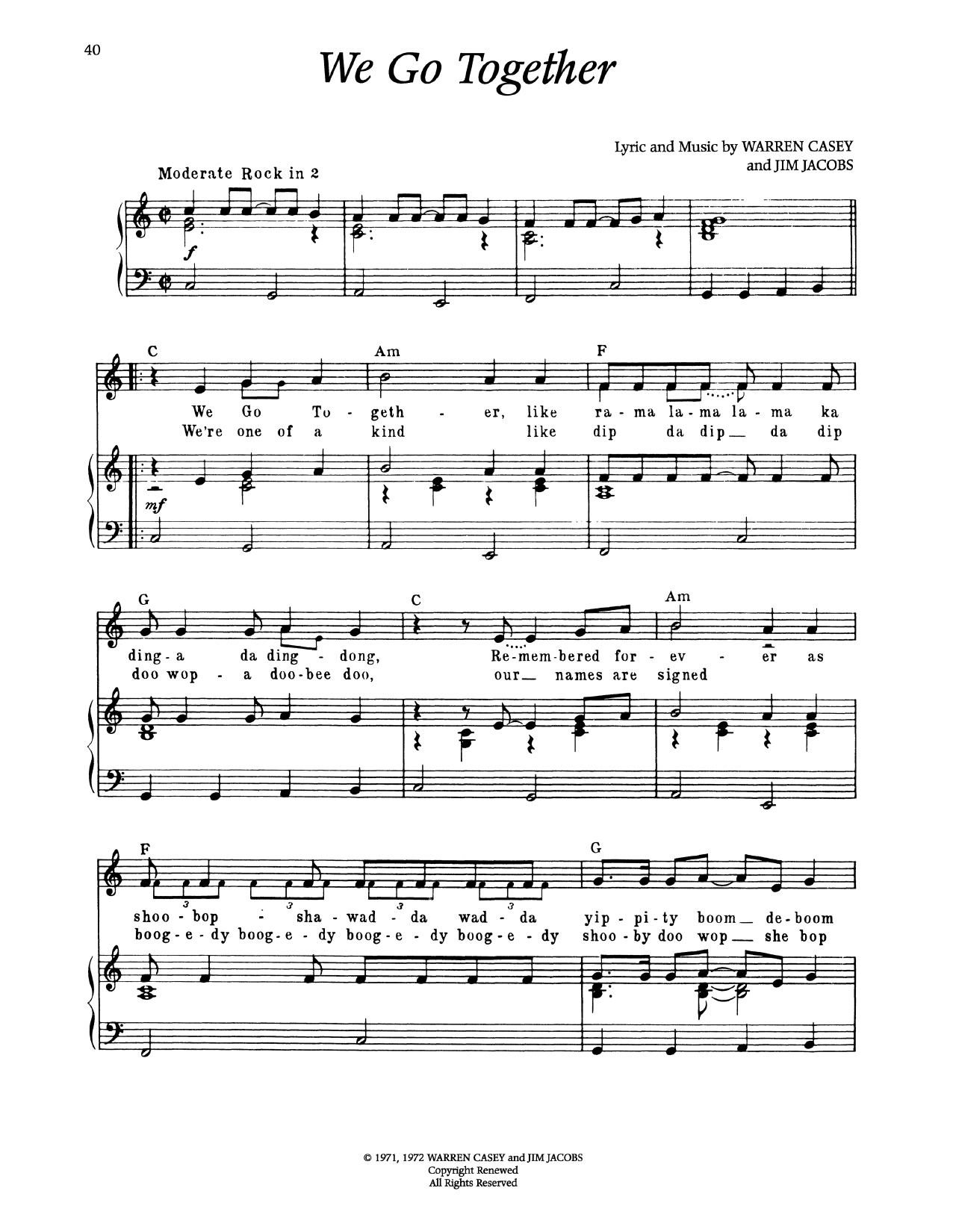 Warren Casey We Go Together (from Grease) Sheet Music Notes & Chords for Piano & Vocal - Download or Print PDF