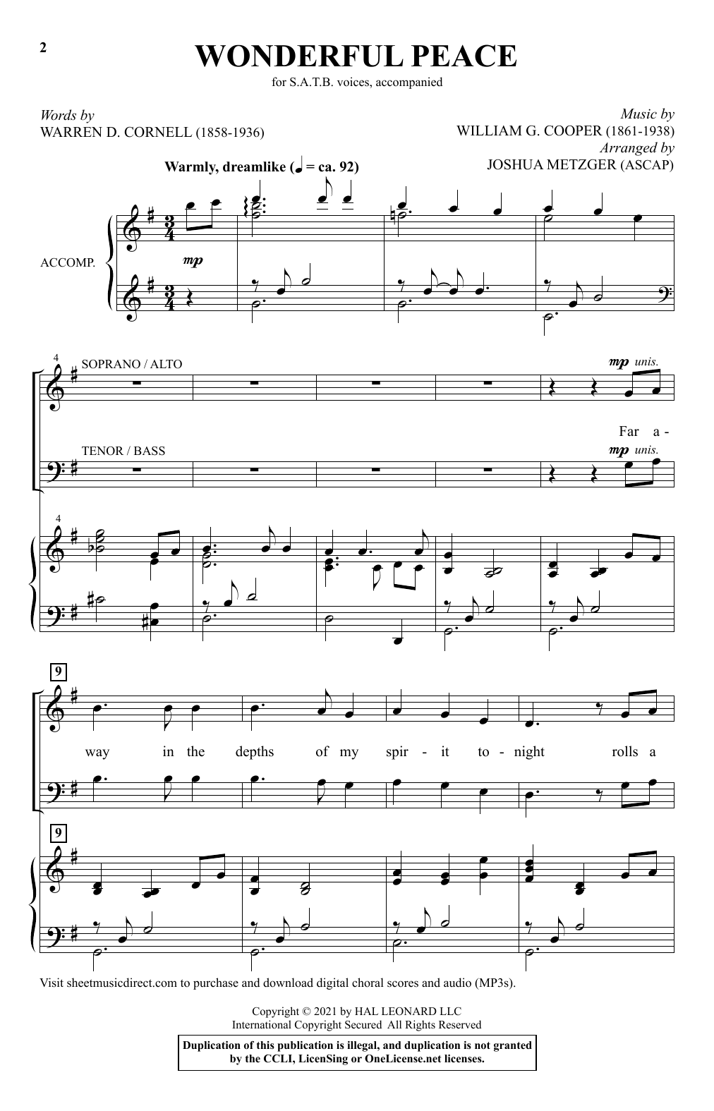 Warren D. Cornell and William G. Cooper Wonderful Peace (arr. Joshua Metzger) Sheet Music Notes & Chords for SATB Choir - Download or Print PDF