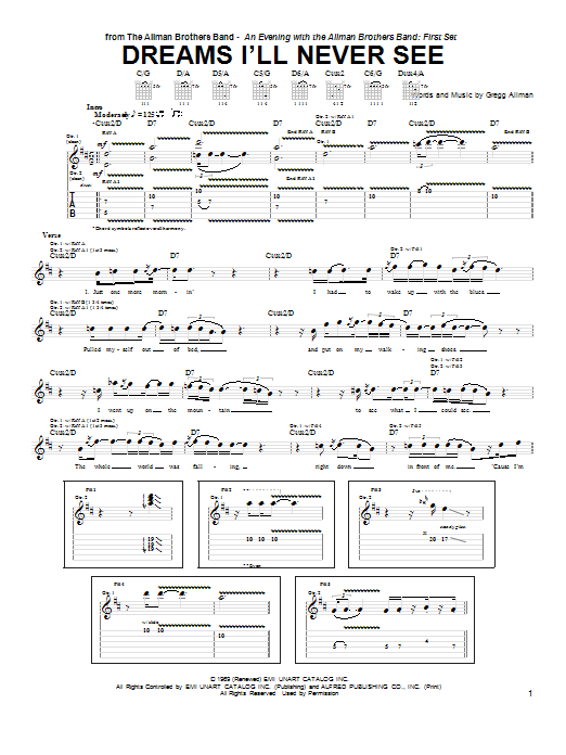 Warren Haynes Dreams I'll Never See Sheet Music Notes & Chords for Guitar Tab - Download or Print PDF