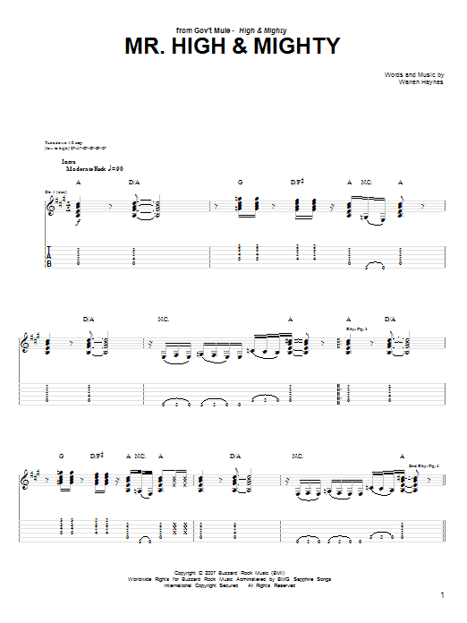 Warren Haynes Mr. High & Mighty Sheet Music Notes & Chords for Guitar Tab - Download or Print PDF