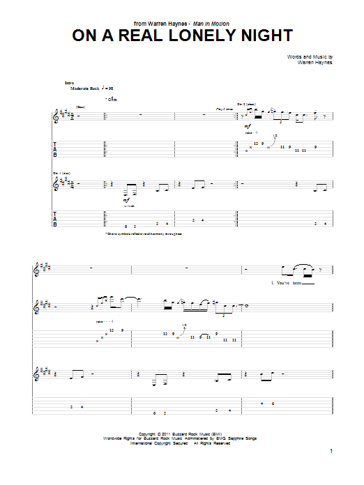 Warren Haynes On A Real Lonely Night Sheet Music Notes & Chords for Guitar Tab - Download or Print PDF