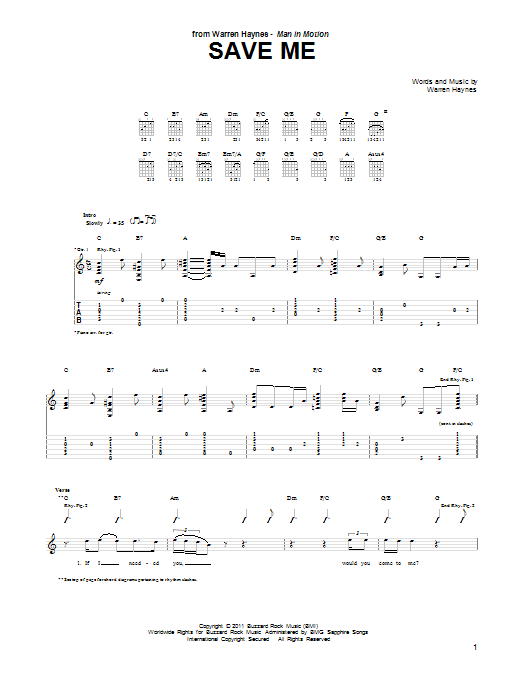 Warren Haynes Save Me Sheet Music Notes & Chords for Guitar Tab - Download or Print PDF