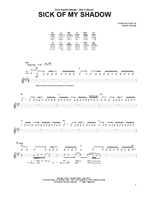 Warren Haynes Sick Of My Shadow Sheet Music Notes & Chords for Guitar Tab - Download or Print PDF