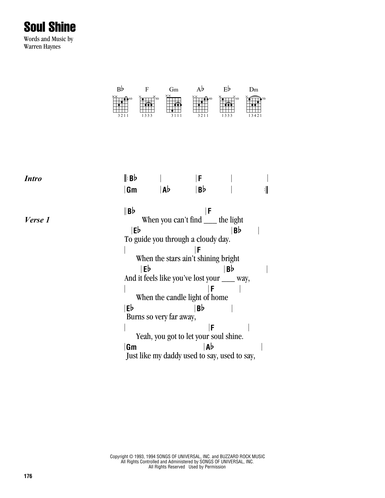 Warren Haynes Soul Shine Sheet Music Notes & Chords for Lyrics & Chords - Download or Print PDF