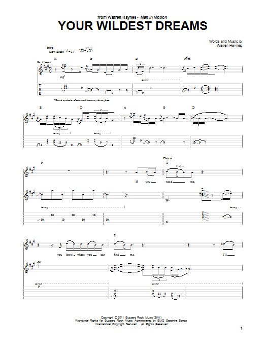 Warren Haynes Your Wildest Dream Sheet Music Notes & Chords for Guitar Tab - Download or Print PDF