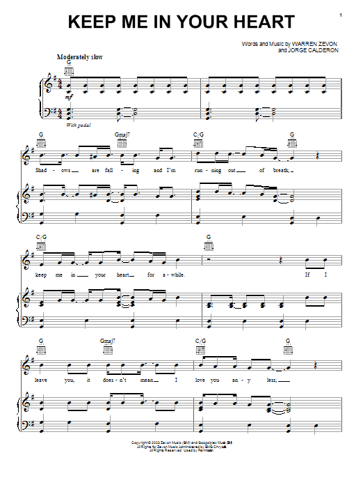 Warren Zevon Keep Me In Your Heart Sheet Music Notes & Chords for Piano, Vocal & Guitar (Right-Hand Melody) - Download or Print PDF