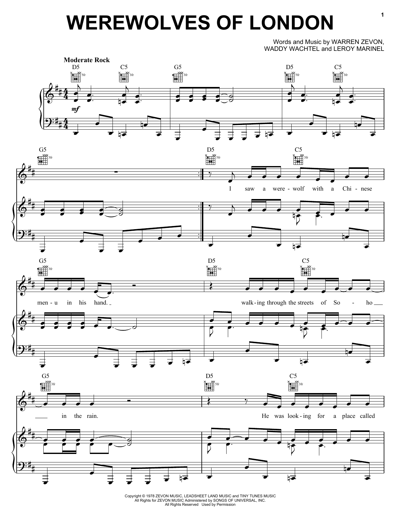 Warren Zevon Werewolves Of London Sheet Music Notes & Chords for Piano, Vocal & Guitar Chords (Right-Hand Melody) - Download or Print PDF