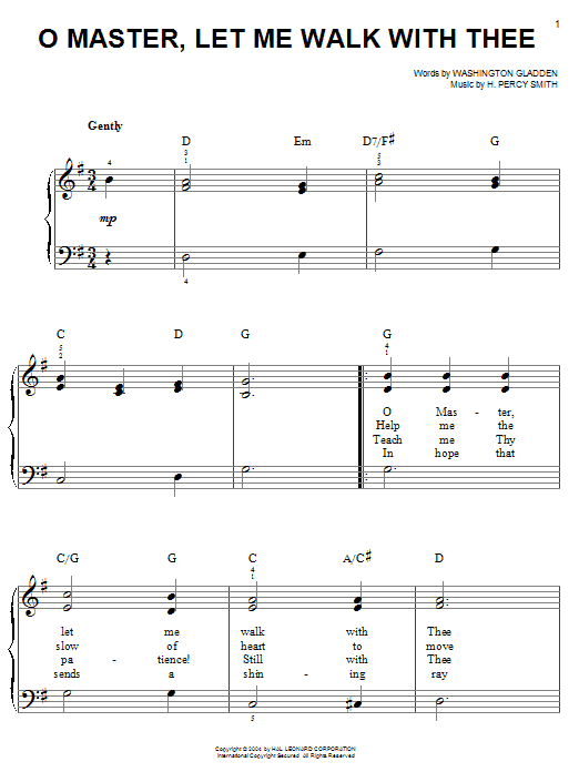 Washington Gladden O Master, Let Me Walk With Thee Sheet Music Notes & Chords for Easy Piano - Download or Print PDF